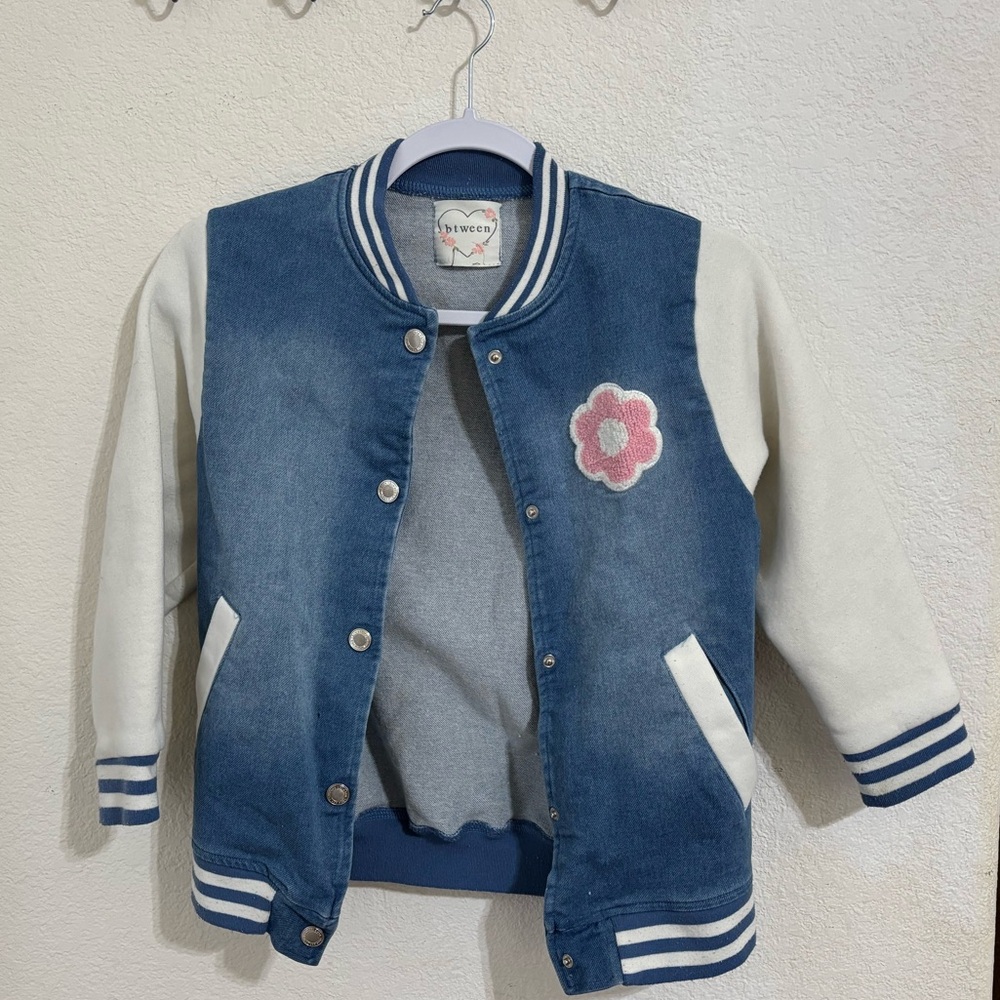 btween Blue and White Varsity Jacket with Pink Flower Patch